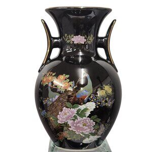 Vintage Black Ceramic Vase With Floral & Peacock Motif Gold Accents Decorative D